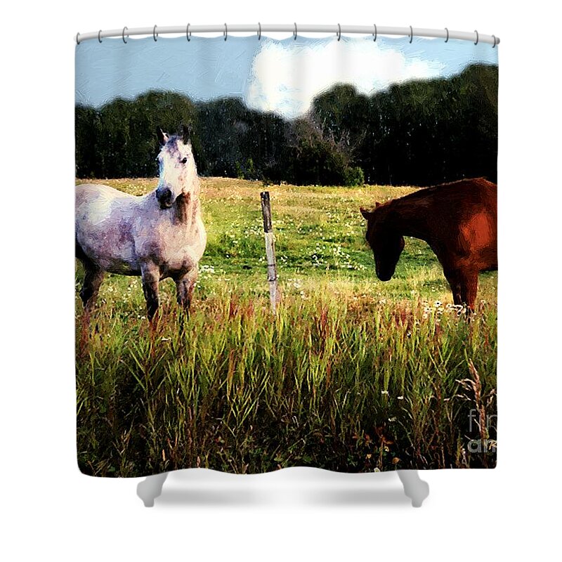 Horses Shower Curtain featuring the painting Waiting for Apples by RC DeWinter