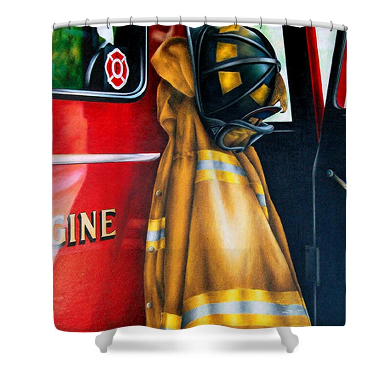 Firefighter Shower Curtain featuring the drawing Waiting for the Call by Jodi Monroe