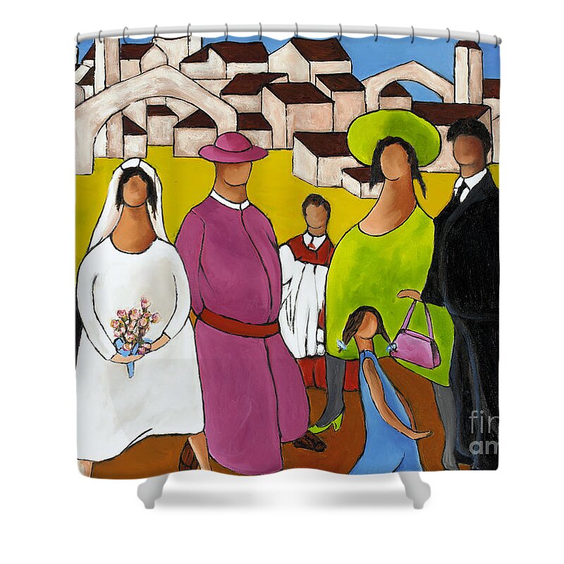 Wedding In Plaza Shower Curtain featuring the painting Waiting For The Groom by William Cain