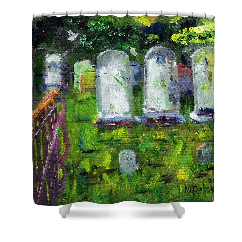 Cemetery Gravestone Fence Tombstone Resting Place Grave Graveyard Death Ghost Shower Curtain featuring the painting Waiting For You by Michael Daniels