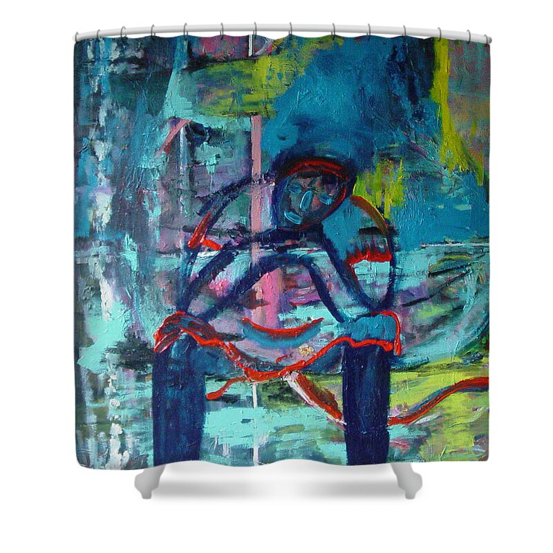 Woman On Bench Shower Curtain featuring the painting Waiting by Peggy Blood
