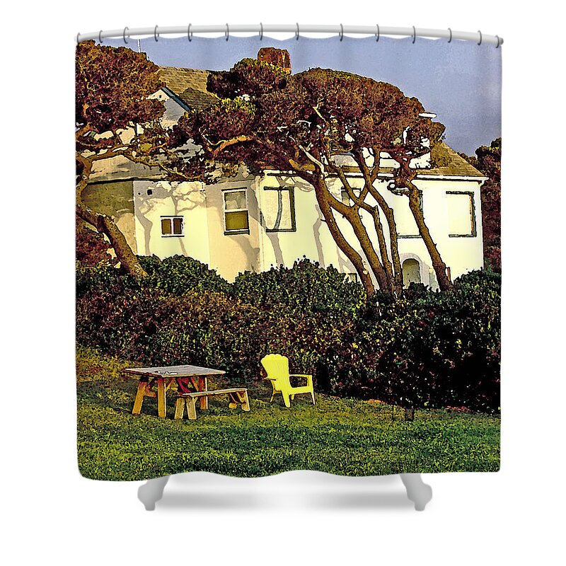 Waldport Shower Curtain featuring the digital art Waldport Beach House by Gary Olsen-Hasek