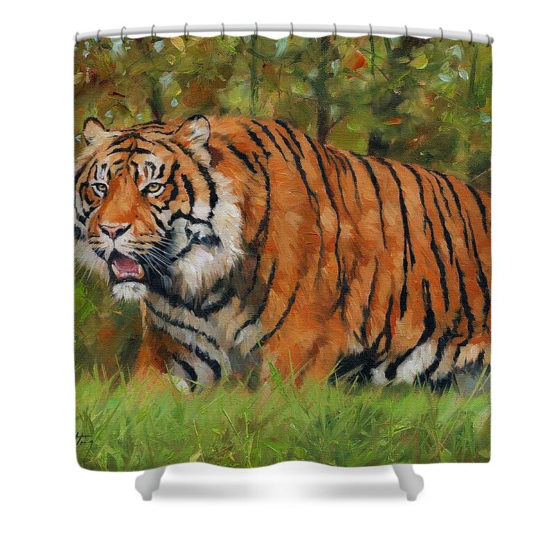 Tiger Shower Curtain featuring the painting Walk in the Forest. Amur Tiger by David Stribbling
