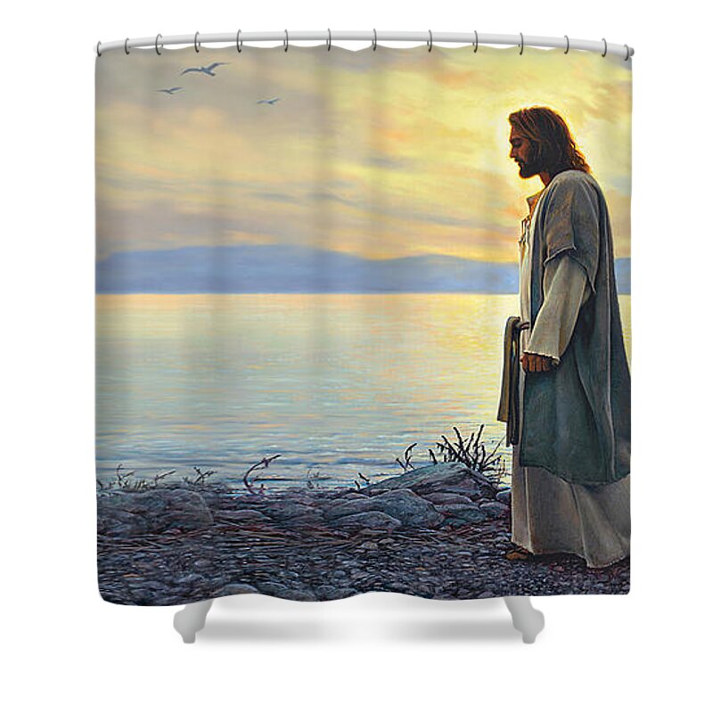 Jesus Shower Curtain featuring the painting Walk With Me by Greg Olsen