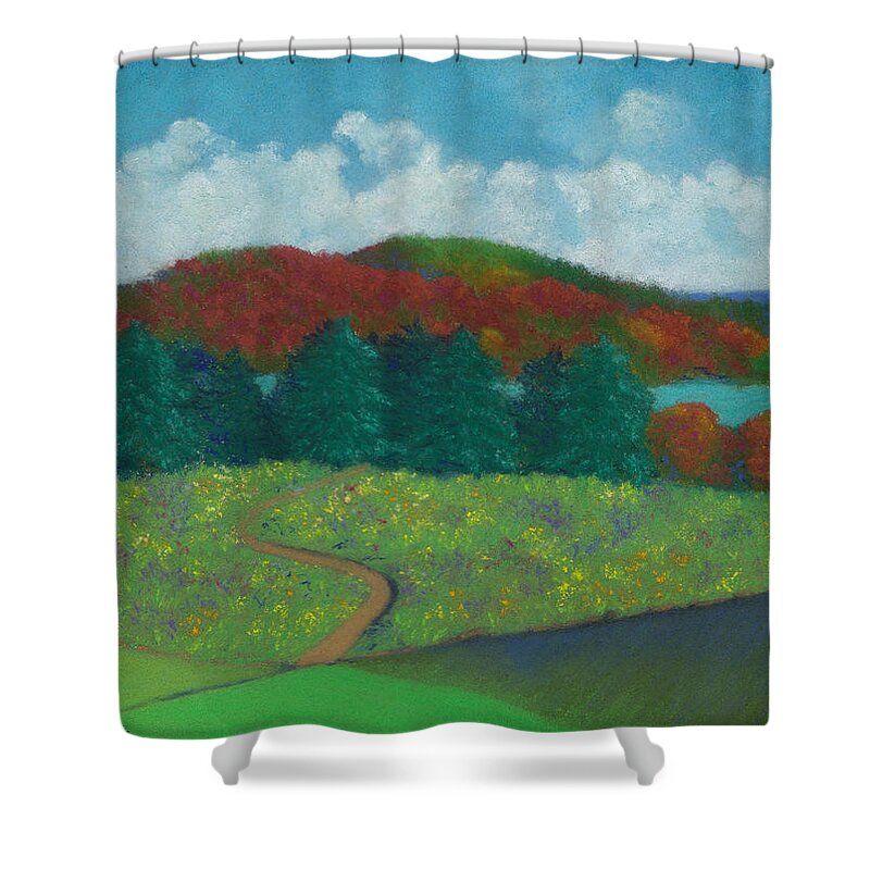 Labyrinth Shower Curtain featuring the pastel Walking Meditation by Anne Katzeff