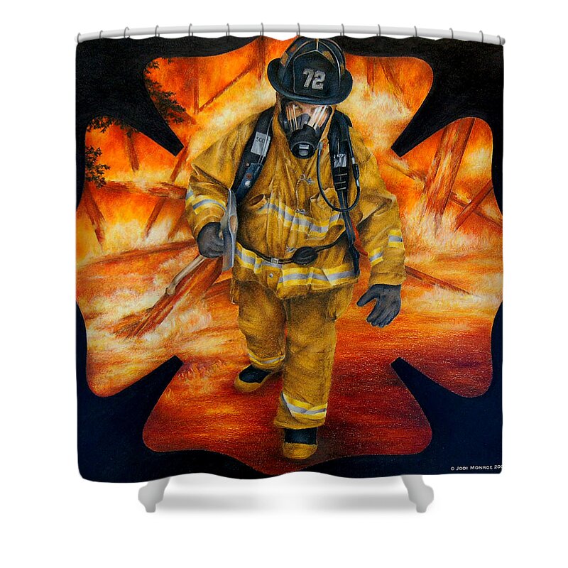 Firefighter Shower Curtain featuring the drawing Walking Out by Jodi Monroe