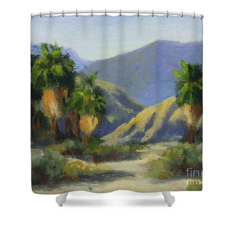 Desert Scene Shower Curtain featuring the painting California Palms in the Preserve by Maria Hunt