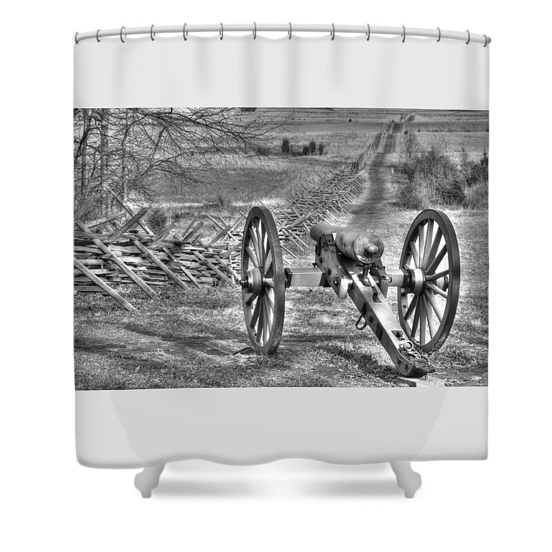 Civil War Shower Curtain featuring the photograph War Thunder - Poague's Battalion Brooke's VA Battery West Confederate Avenue Gettysburg by Michael Mazaika