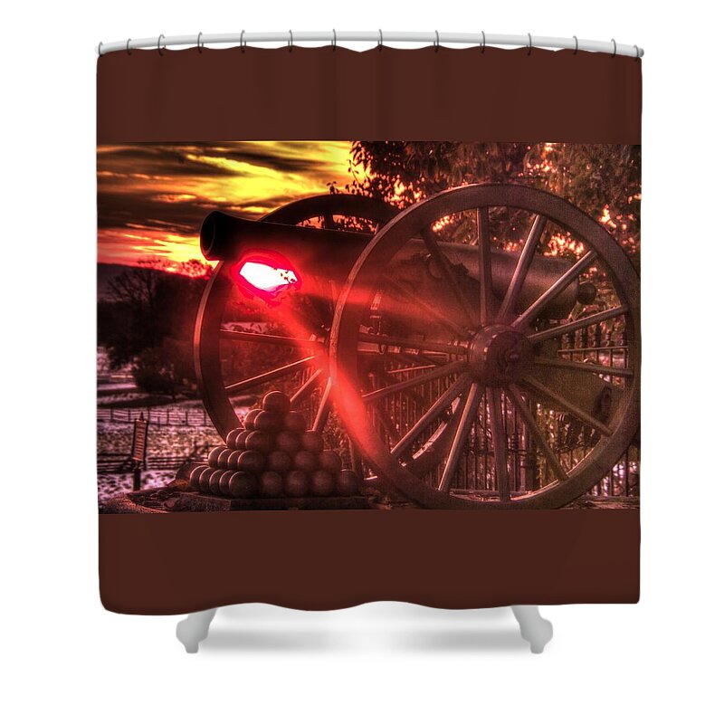 Civil War Shower Curtain featuring the photograph War Thunder - Union Artillery at the Copse of Trees Mid-Autumn Snow Sunset Gettysburg by Michael Mazaika