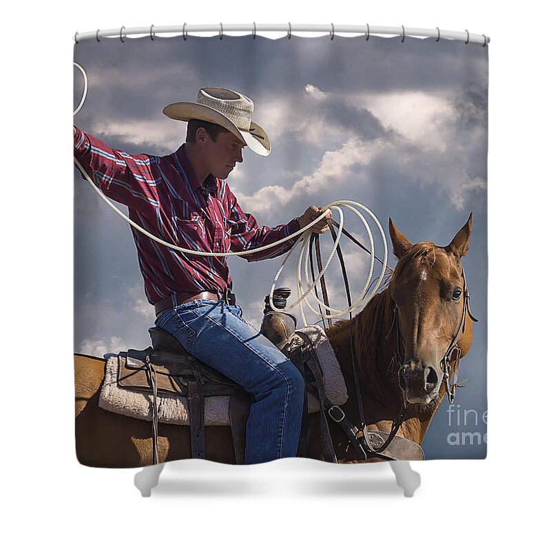 Warming Up To Rodeo Shower Curtain featuring the photograph Warming Up To Rodeo by Priscilla Burgers