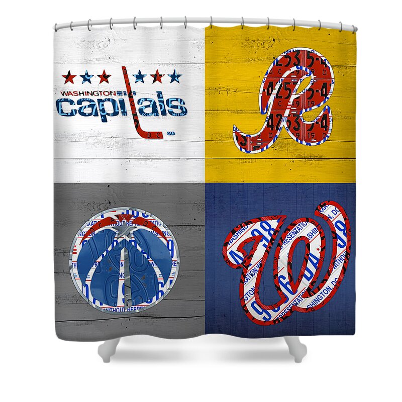 Washington Shower Curtain featuring the mixed media Washington DC Sports Fan Recycled Vintage License Plate Art Capitals Redskins Wizards Nationals by Design Turnpike
