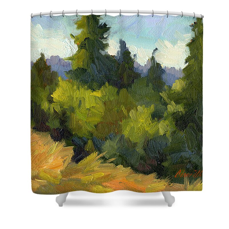 Washington Shower Curtain featuring the painting Washington Evergreens by Diane McClary