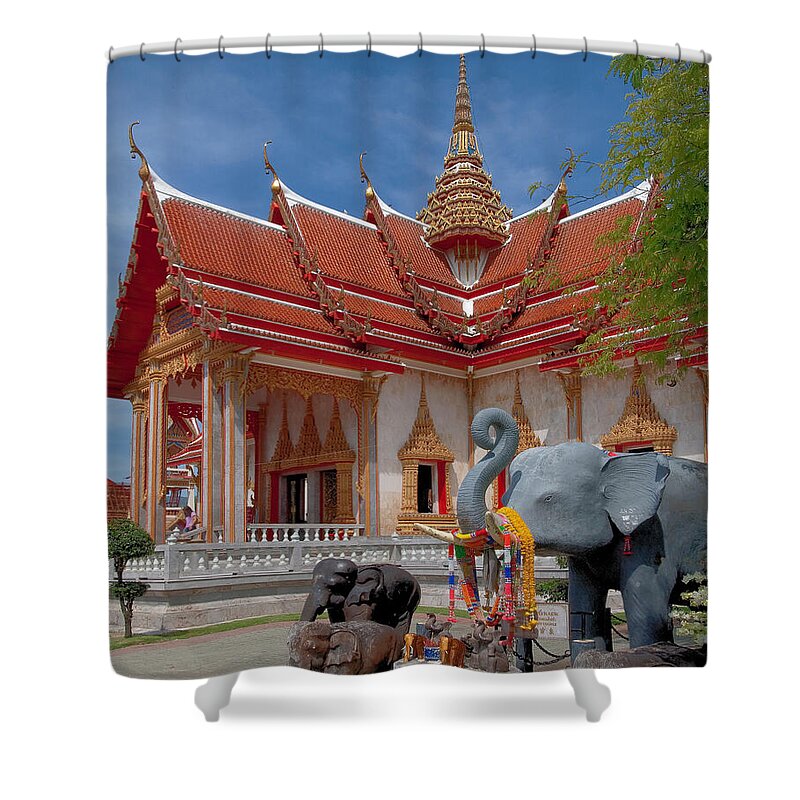 Scenic Shower Curtain featuring the photograph Wat Chalong Wiharn and Elephant Tribute DTHP045 by Gerry Gantt