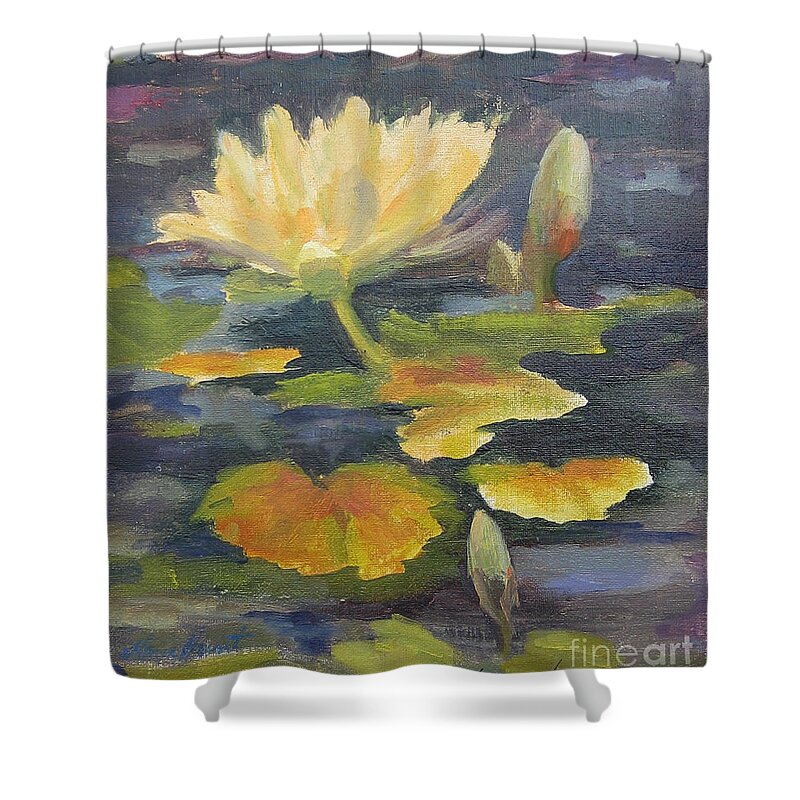 Floral Shower Curtain featuring the painting Water Lily in the Fountain by Maria Hunt