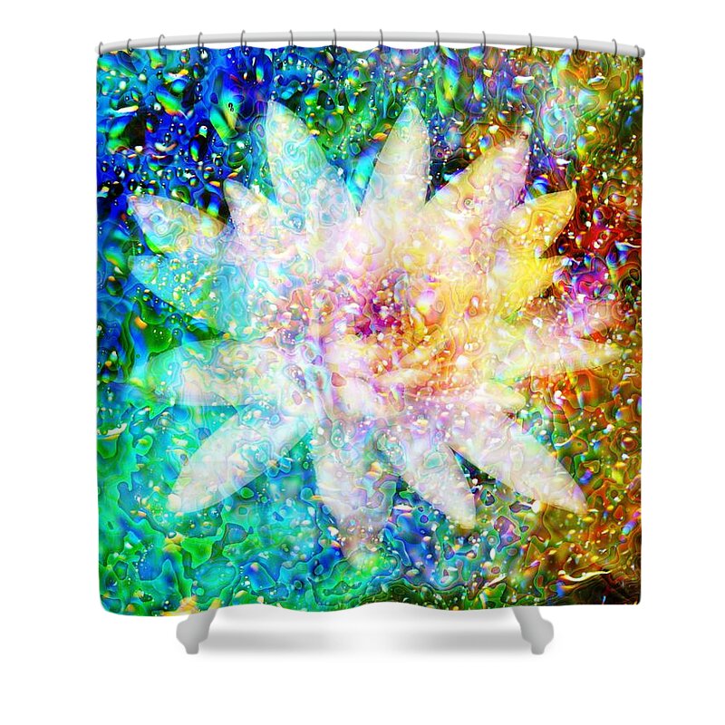 Bright Flower Shower Curtain featuring the digital art Water Lily with iridescent water drops by Lilia S