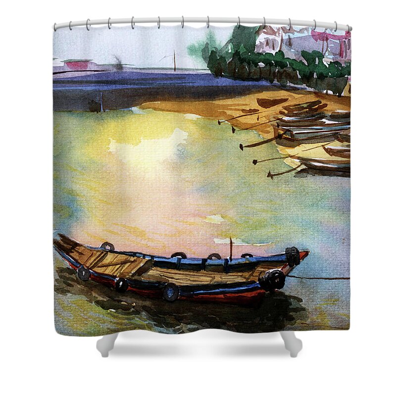Tranquility Shower Curtain featuring the photograph Watercolor Boats At Xiamen Beach by Jin&bin