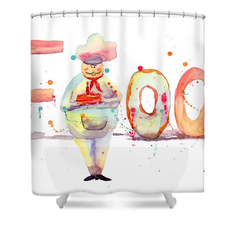 Cake Shower Curtain featuring the painting Watercolor illustration of inscription food with chef by Regina Jershova