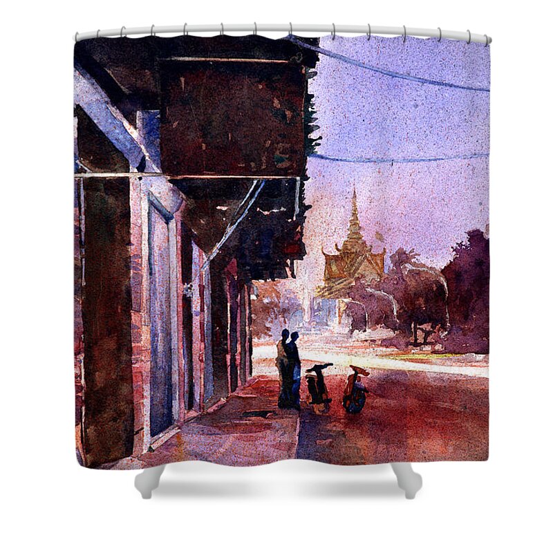  Watercolor Paper Shower Curtain featuring the painting Watercolor painting of Royal Palace Phnom Penh Cambodia by Ryan Fox