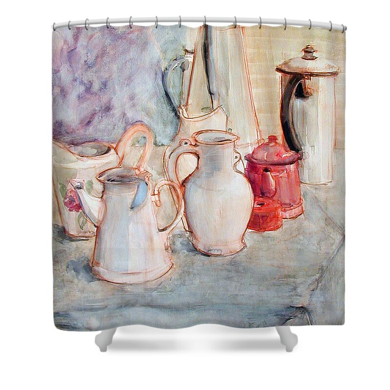 Greta Corens Watercolors Shower Curtain featuring the painting Watercolor still life with red can by Greta Corens