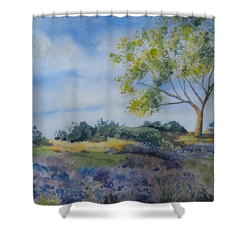 Original Watercolor Shower Curtain featuring the painting Watercolor - Tree and Meadow by Cascade Colors