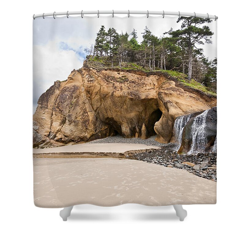 Beach Shower Curtain featuring the photograph Waterfall Flowing into the Pacific Ocean by Jeff Goulden