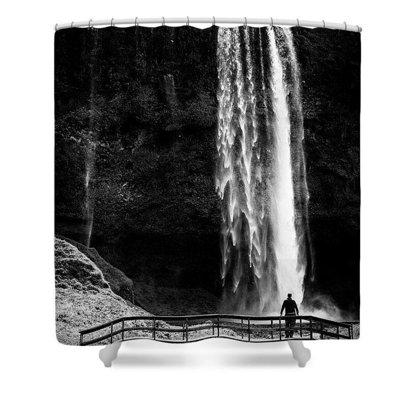 Iceland Shower Curtain featuring the photograph Waterfall Seljalandsfoss Iceland black and white stark contrast by Matthias Hauser