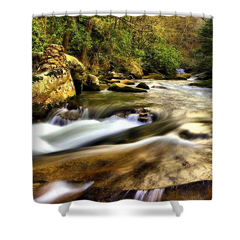 Living Waters Ministiries Shower Curtain featuring the photograph Waterfall Up River by Carol Montoya