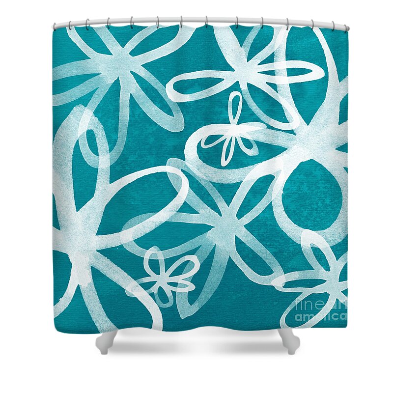 Large Abstract Floral Painting Shower Curtain featuring the painting Waterflowers- teal and white by Linda Woods