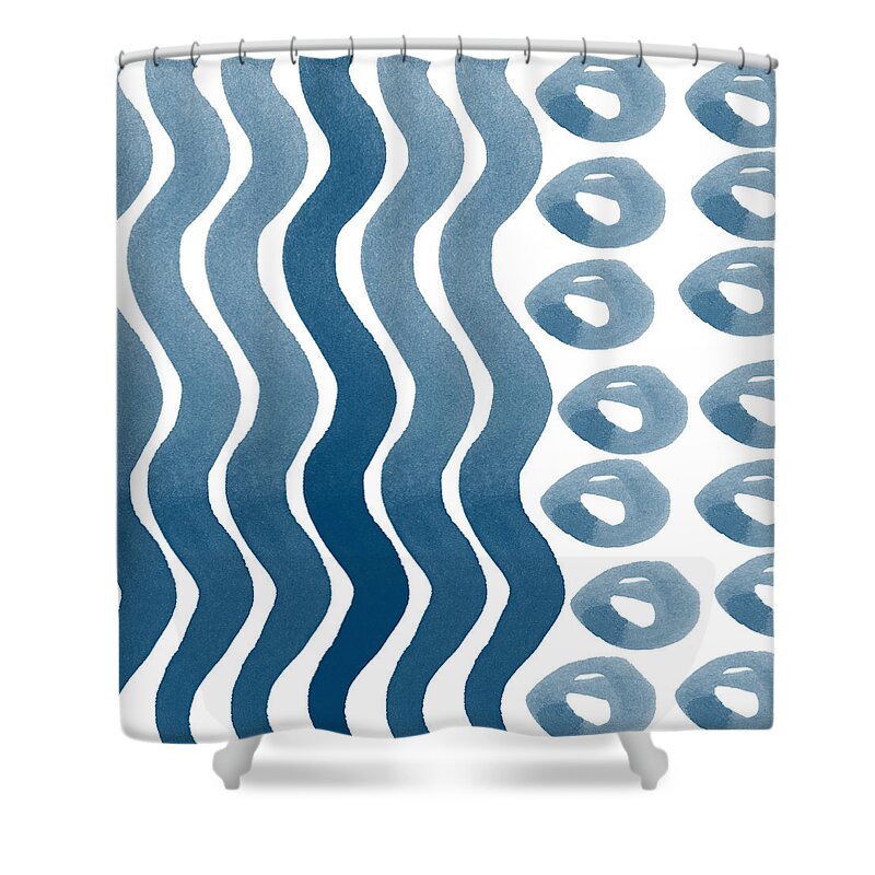 Watercolor Shower Curtain featuring the painting Waves and Pebbles- Abstract watercolor in indigo and white by Linda Woods