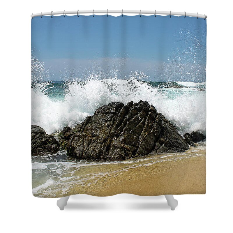 Latin America Shower Curtain featuring the photograph Waves Breaking On The Rocks by Marc Javelly