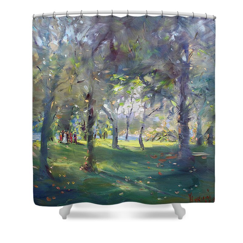 Park Shower Curtain featuring the painting Wedding Celebration in the Park by Ylli Haruni