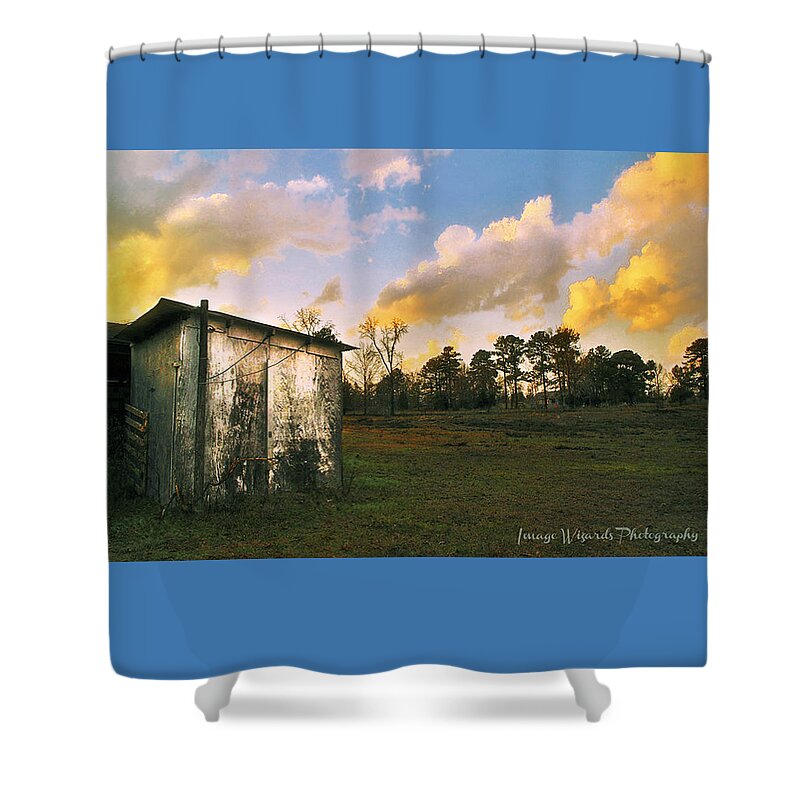 Rose Gold Clouds Shower Curtain featuring the digital art Old Well House And Rose Gold Clouds by Pamela Smale Williams