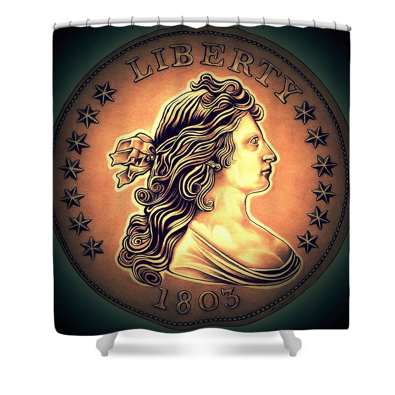 Draped Bust Liberty Dollar Shower Curtain featuring the drawing Western Draped Bust Liberty Dollar by Fred Larucci