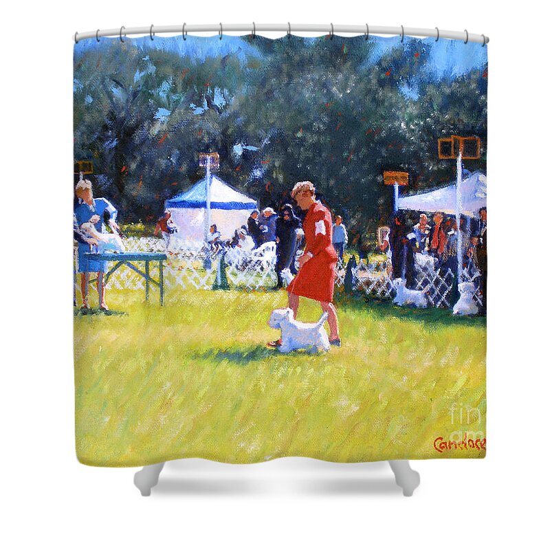 Dogs Shower Curtain featuring the painting Westies Show by Candace Lovely