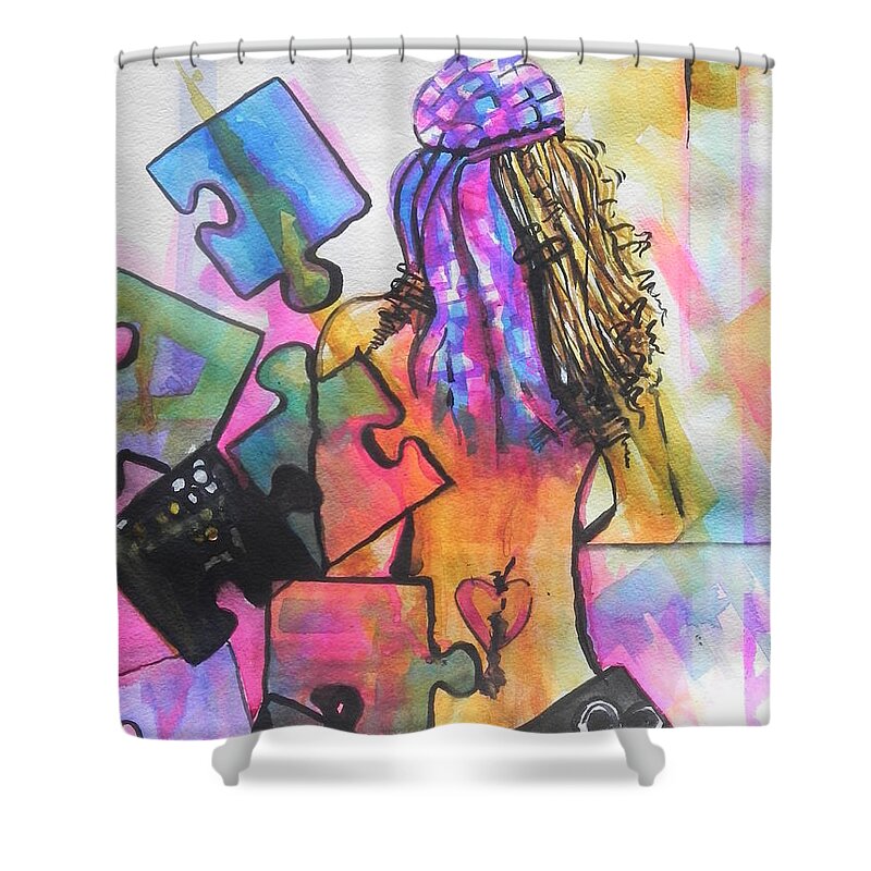 Watercolor Painting Shower Curtain featuring the painting What Lies Ahead Series  Putting the Pieces Together by Chrisann Ellis