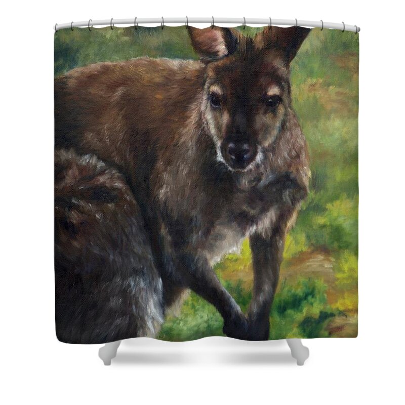 Wallaby Shower Curtain featuring the painting What'ch Ya Doin' by Lori Brackett