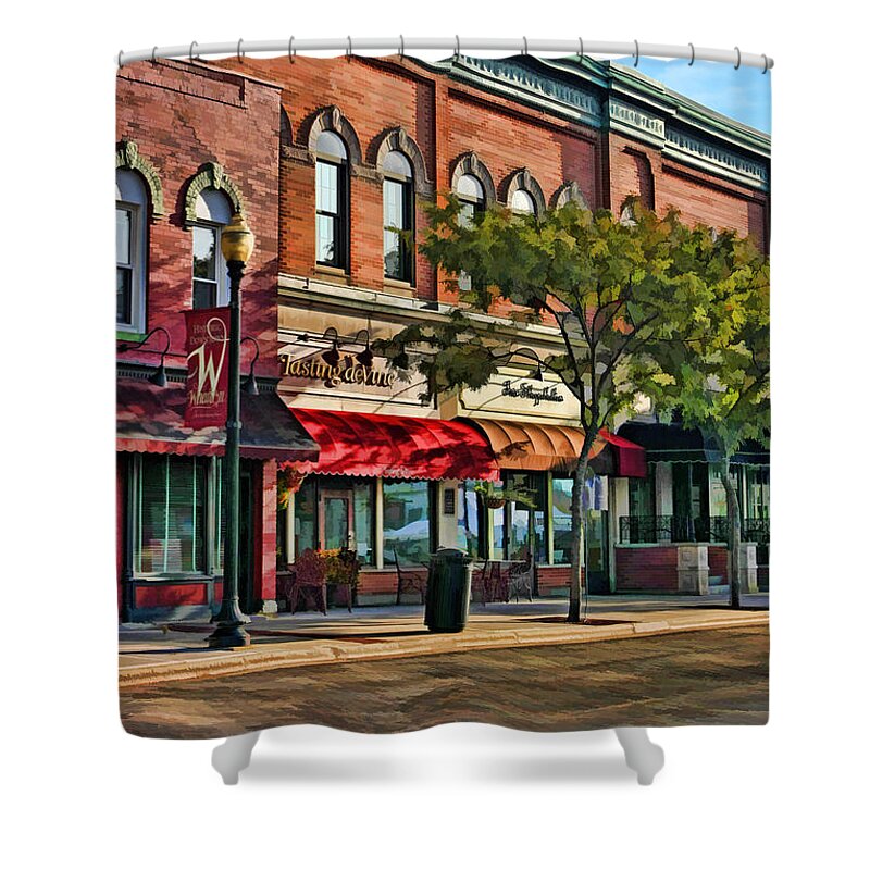 Wheaton Shower Curtain featuring the painting Wheaton Front Street Stores by Christopher Arndt