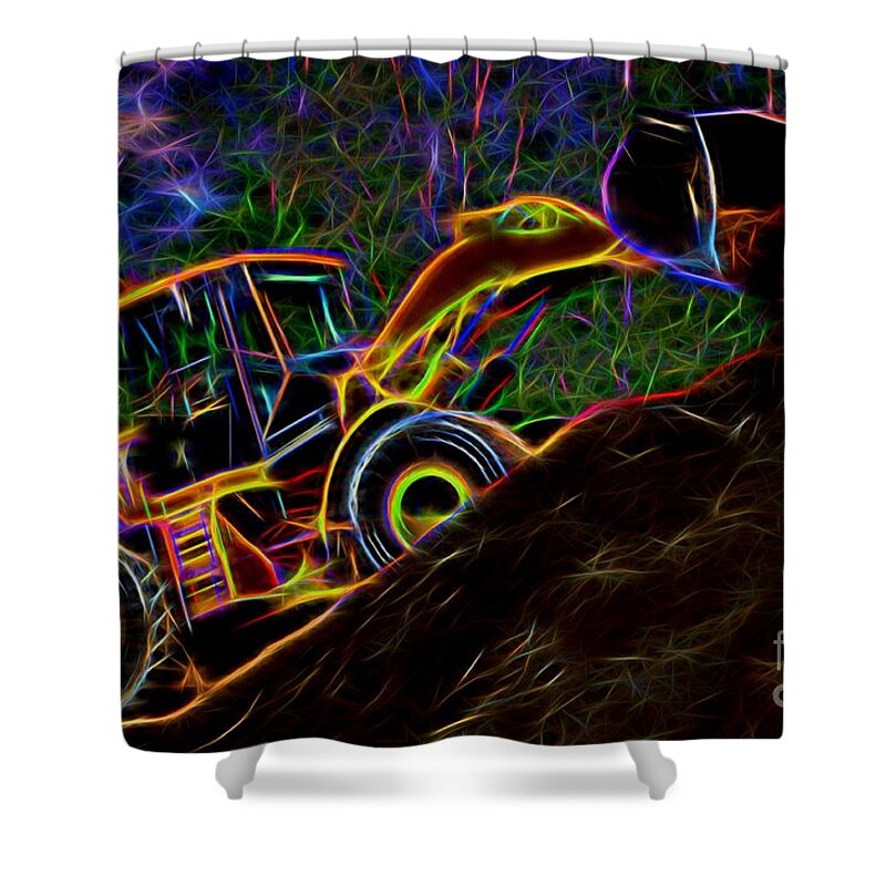 Wheel Loader Shower Curtain featuring the photograph Wheel Loader Moving Dirt - Neon by Gary Whitton