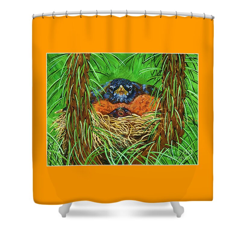 Robin Shower Curtain featuring the painting When Do They Leave by Jennifer Lake