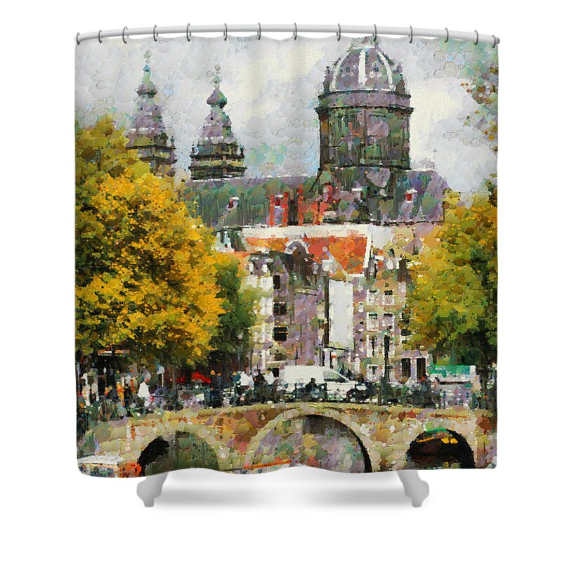 Architecture Shower Curtain featuring the photograph A tourist boat sails towards a bridge in Amsterdam, Netherlands, Europe by Mick Flynn