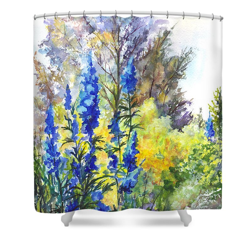 Floral Shower Curtain featuring the painting Where The Delphinium Blooms by Carol Wisniewski