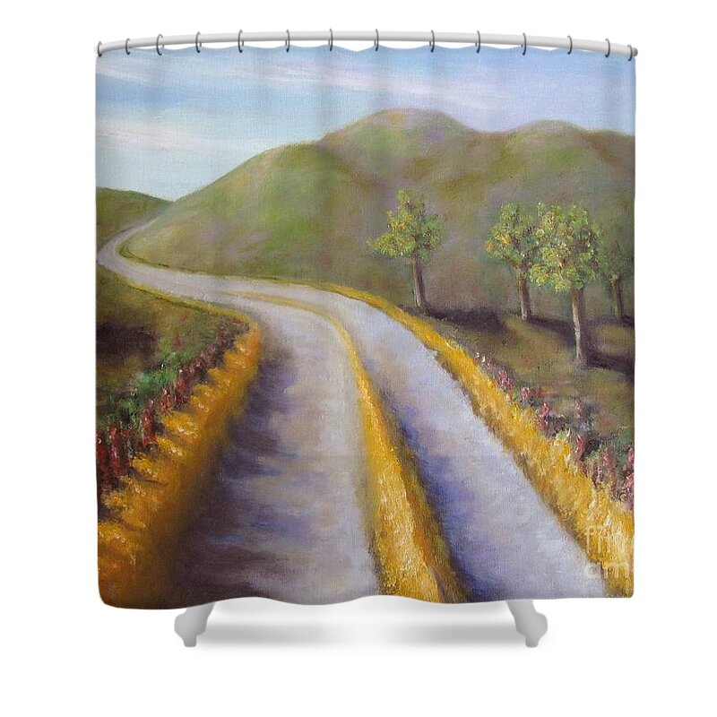 Landscape Shower Curtain featuring the painting Autumn Road by Laurie Morgan