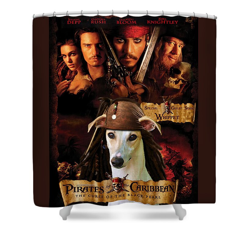 Whippet Shower Curtain featuring the painting Whippet Art - Pirates of the Caribbean The Curse of the Black Pearl Movie Poster by Sandra Sij