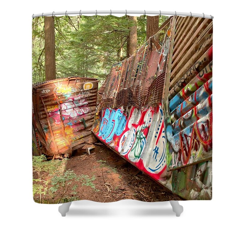 Canadian Train Wreck Shower Curtain featuring the photograph Whistler Train Wreck Box Cars by Adam Jewell