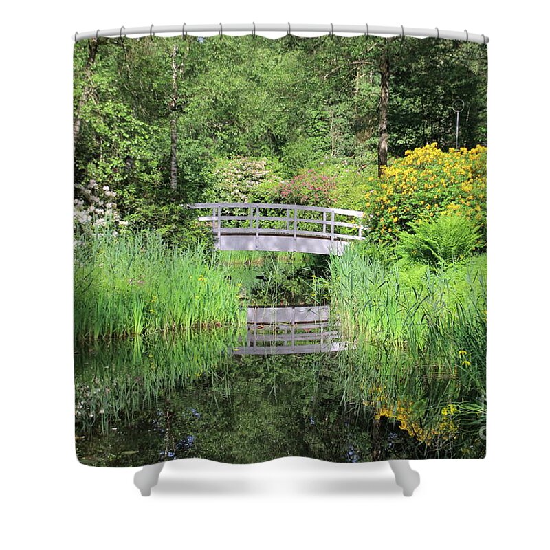 Bridges Shower Curtain featuring the photograph White Bridge over a pond by Amanda Mohler