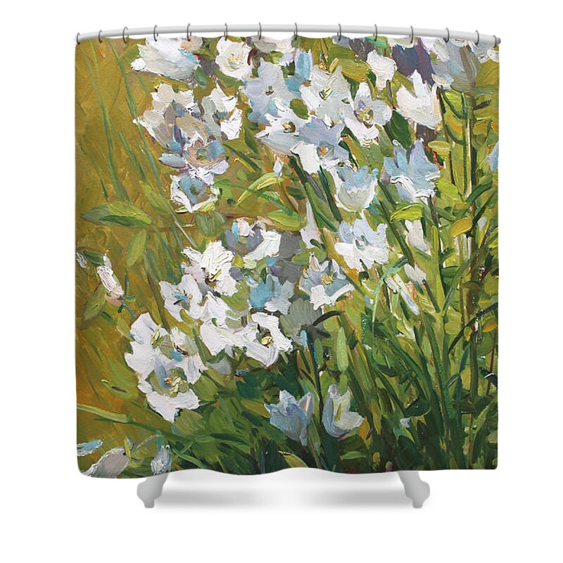 Bells Shower Curtain featuring the painting White campanulas by Juliya Zhukova