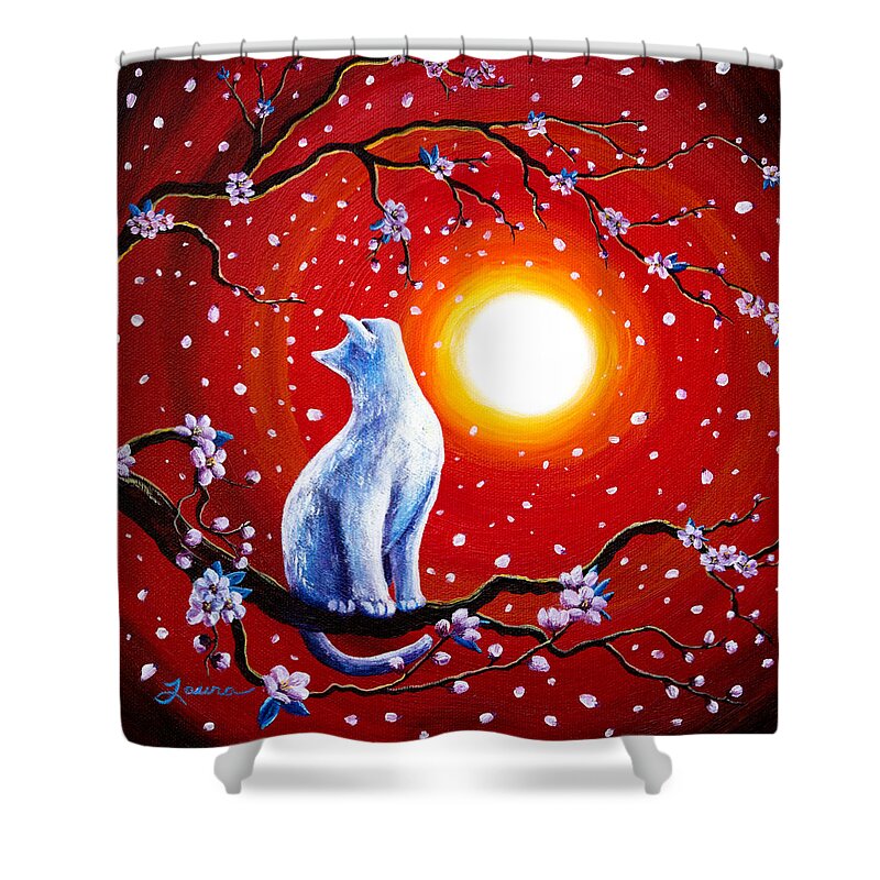 Zen Shower Curtain featuring the painting White Cat in Bright Sunset by Laura Iverson