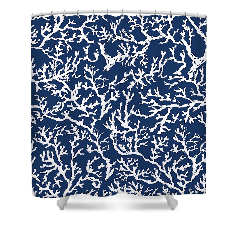 White Shower Curtain featuring the mixed media White Coral On Blue Pattern by South Social D
