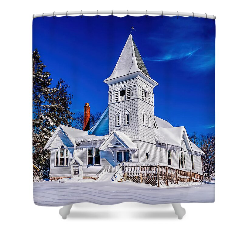 Winter Shower Curtain featuring the photograph White Country Church Winter by Nick Zelinsky Jr