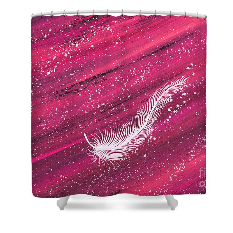 Feather Shower Curtain featuring the painting White spiritual feather on pink streak by Carolyn Bennett by Simon Bratt